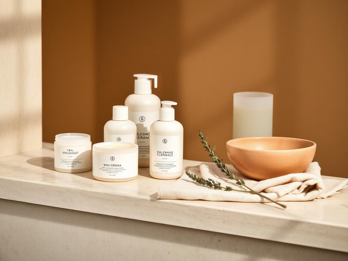 Spa skin-care products in simple ceramic and glass vessels arranged on a limestone ledge with folded linen