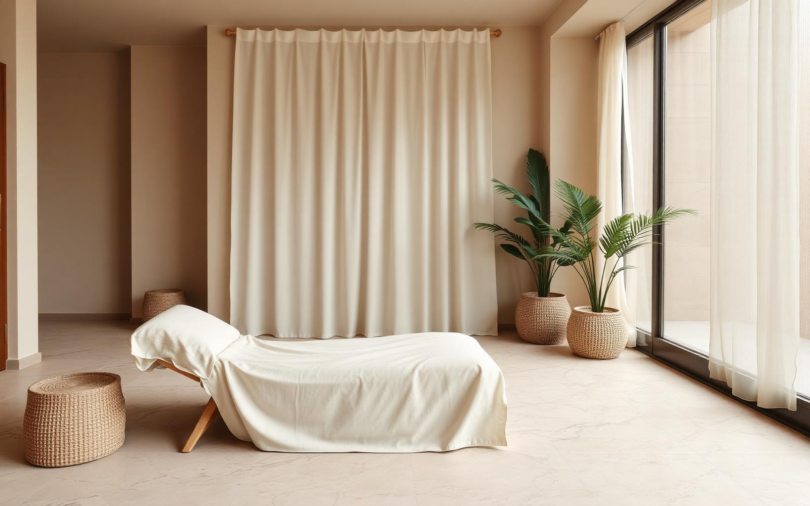 A quiet spa relaxation space with linen textiles, woven baskets, plants, and daylight through sheer curtains